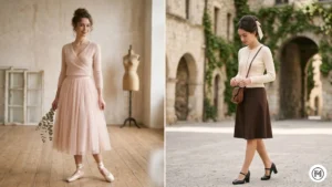 11- Ballet Core: Feminine ballet core aesthetic featuring wrap tops, gathered midi skirts, and ribbon hair accessories.