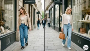 11: Two stylish women wearing high-waisted wide-leg jeans paired with cropped jackets to create a balanced, waist-defining spring silhouette.