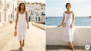 IMG 11 Two women in white eyelet cotton dresses with tan sandals and gold jewelry — coastal spring aesthetic