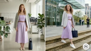 Outfit 11: A fashion-forward look with a blazer draped over the shoulders of a sundress. 