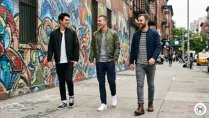 12. Urban Casual

Street photography of three men in a city with graffiti murals. They are wearing bomber jackets (Black nylon, Olive green, and Navy) over tees, styled with slim-fit cargo pants and sneakers.

