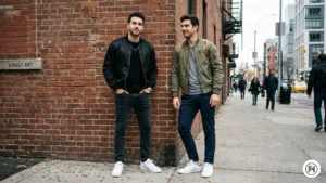 Alt Text: Urban casual streetwear featuring an olive green bomber jacket over a black tee and slim-fit pants.