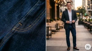 Rule 12 (Dark Denim): A man wearing dark indigo slim-fit jeans paired with a blazer and loafers for a smart-casual aesthetic.
