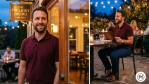 Image 13 (Burgundy + Navy): Evening casual style for men featuring a rich burgundy polo and navy chinos for a dinner date setting. 