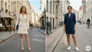 12 The Blazer Dress: Modern spring 2026 blazer dresses styled with pointed-toe heels and casual white sneakers.