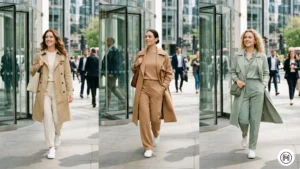 12: Three elegant spring looks featuring a classic trench coat layered over monochromatic base outfits in cream, camel, and sage green.