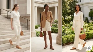 IMG 12 Three women in old money spring outfits — ivory polo, camel blazer, cream tailored sets with loafers