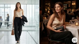 Outfit 12: A day-to-night transition outfit with wide-leg trousers, a satin cami, and block-heel mules. 