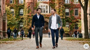 13. Preppy Smart

Two men on a university campus with ivy-covered walls. One wears a navy button-up cardigan over a blue Oxford; the other an open grey cardigan over a white shirt. Wool trousers and burgundy loafers. Academic aesthetic.

