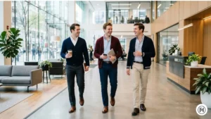 Alt Text: Preppy layering style with a burgundy cardigan over a white Oxford shirt and grey dress trousers.