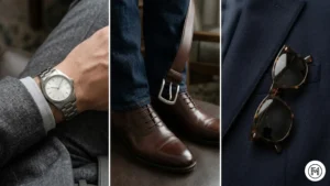 Rule 13 (Accessories): Close-up shots of a classic silver watch, a matching leather belt, and a pair of timeless sunglasses.