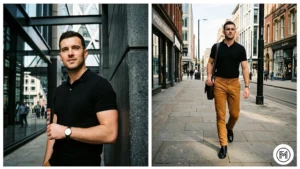 Image 14 (Black + Camel): High-contrast modern outfit showing a black polo and warm camel-colored chinos with black Chelsea boots. 