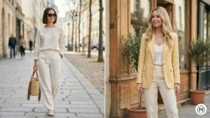 13- Linen Everything: Sustainable spring fashion featuring matching linen co-ord sets in ivory and butter yellow.