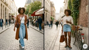 13. Denim & Brown Leather Alt Text: A casual spring look featuring light-wash denim and rich brown leather accessories on Black women. 