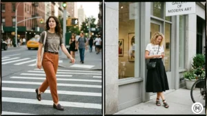 13: Two women mixing casual and elevated pieces by pairing graphic t-shirts with tailored trousers and structured midi skirts.