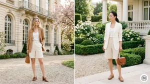 IMG 13 Two women in camel blazer and cream tailored shorts with brown leather loafers — quiet luxury spring look