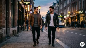 Alt Text: Edgy classic menswear featuring a black leather jacket, black slim jeans, and dark leather boots.