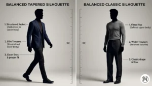 Rule 14 (Proportions): Two panels demonstrating balanced silhouettes: slim trousers with a structured jacket and relaxed pants with a fitted top.