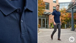 Image 15 (Navy + Grey): Versatile business casual outfit with a navy polo and grey chinos with brown sneakers in a professional courtyard. 
