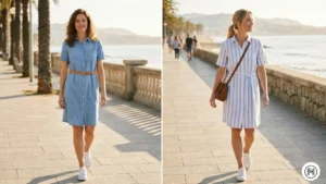14: A split image of two women styling button-down shirt dresses for spring by adding a thin waist belt and casual white sneakers.