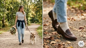 Outfit 14: A relaxed Sunday stroll look with light-wash jeans, a striped tee, and loafers. 