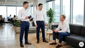 15. Business Casual

Professional office lounge setting. Three men in crisp white button-down shirts and tailored navy trousers. Variations in accessories: brown leather belt/shoes vs. black leather vs. dark suede loafers. Clean, corporate aesthetic.

