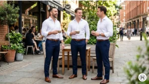 Alt Text: Professional business casual look with a white button-down shirt tucked into navy trousers and a brown belt.