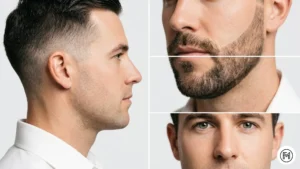 Rule 15 (Grooming): A grooming collage showing a sharp haircut, a neatly trimmed beard, and well-maintained skin.
Rule 16 (Ironing): A handheld steamer removes wrinkles from a shirt sleeve, resulting in a crisp and professional finish.