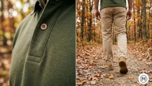 Image 16 (Olive + Beige): Earthy fall tones featuring an olive polo and beige chinos with tan suede desert boots on a leaf-covered path. 