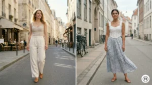 15- The Corset Top: Daytime spring 2026 corset tops made of linen and broderie anglaise styled with wide-leg pants.