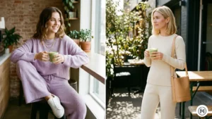 15:Two women elevate comfortable soft knit matching sets in lilac and cream by pairing them with white sneakers and minimal gold jewelry.