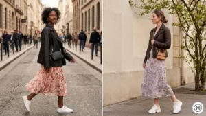 IMG 15 Two women in leather jacket and floral midi skirt with white sneakers — edgy spring street style outfit