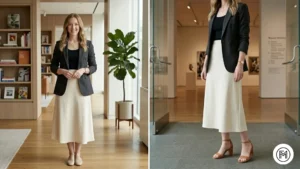 Outfit 15: A smart-casual spring look with a midi skirt, ribbed tank, and a structured blazer. 