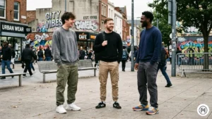 16. Street Casual

Three men in an urban plaza. Oversized sweatshirts in grey, black, and navy paired with multi-pocket cargo pants and chunky "dad" sneakers. Raw, modern street-wear vibe.

