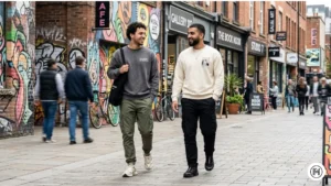 Alt Text: Streetwear casual style for men featuring a grey sweatshirt, olive cargo pants, and trendy sneakers.