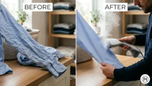 Rule 16 (Ironing): A handheld steamer removes wrinkles from a shirt sleeve, resulting in a crisp and professional finish.