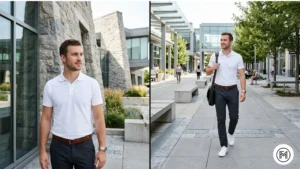 Image 17 (White + Charcoal): Clean and crisp look for men with a white polo and charcoal grey chinos paired with white minimalist sneakers. Image 18 (Grey + Brown): Understated autumn mix showing a soft grey polo and warm brown chinos with brown leather loafers. Image 19 (Camel + Olive): Traditional heritage style outfit with a camel polo and olive chinos near a rustic wooden barn. Image 20 (Forest Green + Navy): Collegiate smart casual look featuring a forest green polo and navy chinos with brown chukka boots near a university. 