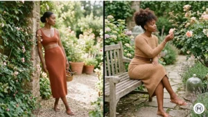 16. Knit Midi Skirt + Fitted Crop Alt Text: Tonal knit midi skirts and crop top sets, highlighting texture and earthy colors on melanin skin. 