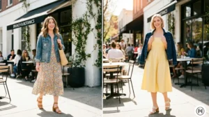 16: Two women wearing the ultimate classic spring outfit formula: a breezy sundress, a denim jacket, and block-heeled sandals.