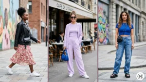 IMG 16 Three women in spring street style outfits — pastel matching sets and vintage jeans with cropped knit top