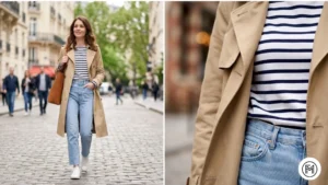 Outfit 16: A classic spring layering look with a Breton top under a beige trench coat. 