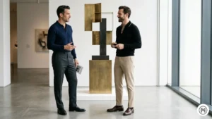 17. Modern Smart

Two men in an upscale gallery setting. Fine-knit polos in navy and black (with contrast collar) paired with charcoal and beige tailored trousers. Focus on high-end fabric quality and minimalist aesthetic.


