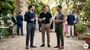 Alt Text: Modern smart casual outfit with a knit polo shirt in charcoal and tailored grey trousers with loafers.