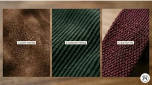 Rule 17 (Textures): Macro photography of different clothing textures, including suede, corduroy, and silk-knit fabrics.