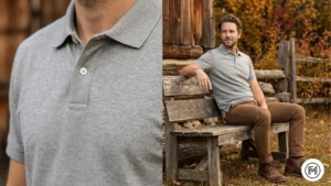 Image 18 (Grey + Brown): Understated autumn mix showing a soft grey polo and warm brown chinos with brown leather loafers. 