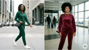 17. Matching Tracksuit (Elevated) Alt Text: Elevated and monochromatic matching tracksuits in rich colors, showcasing a stylish take on athleisure for Black women. 