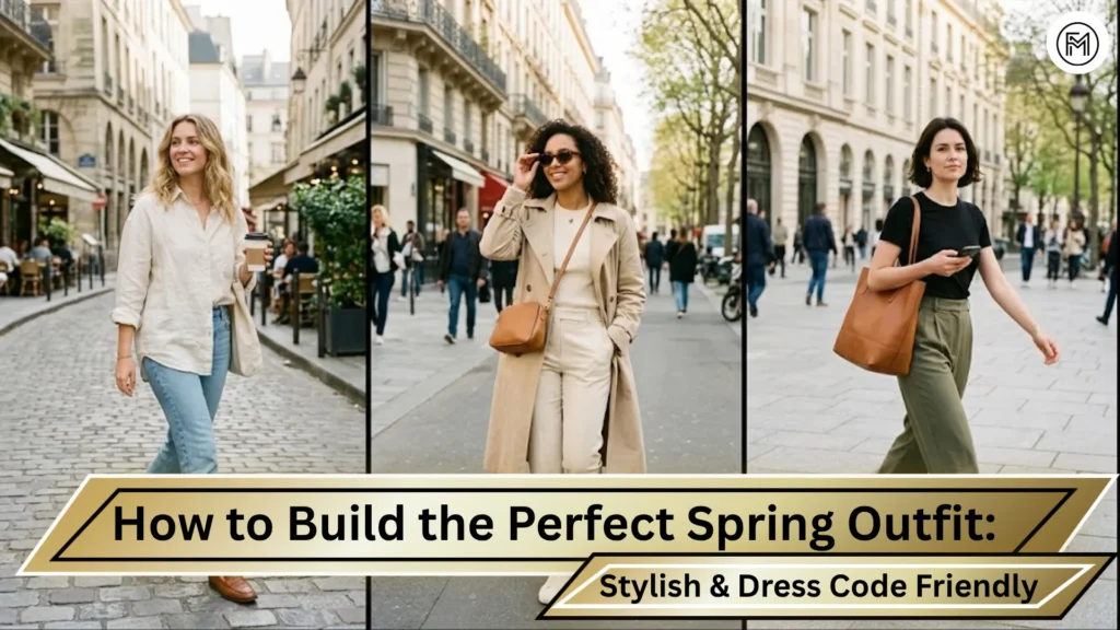 A collage of three women wearing effortless spring outfits, including a linen shirt, a classic trench coat, and wide-leg trousers, walking on a sunny city street.