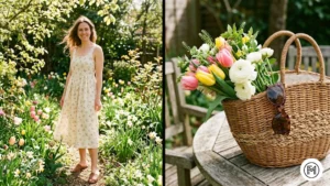 Outfit 17: A warm-day spring outfit with a sundress, flat sandals, and a basket bag. 