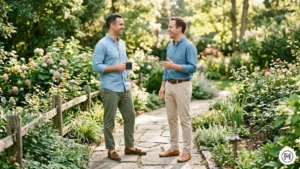 18. Relaxed Refined

Two friends in a garden setting. Light blue and medium wash chambray shirts with rolled sleeves, olive and beige chinos, and suede tassel loafers. Soft afternoon light, greenery background.

