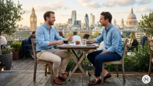 Alt Text: Refined casual look featuring a light blue chambray shirt, navy chinos, and brown loafers.